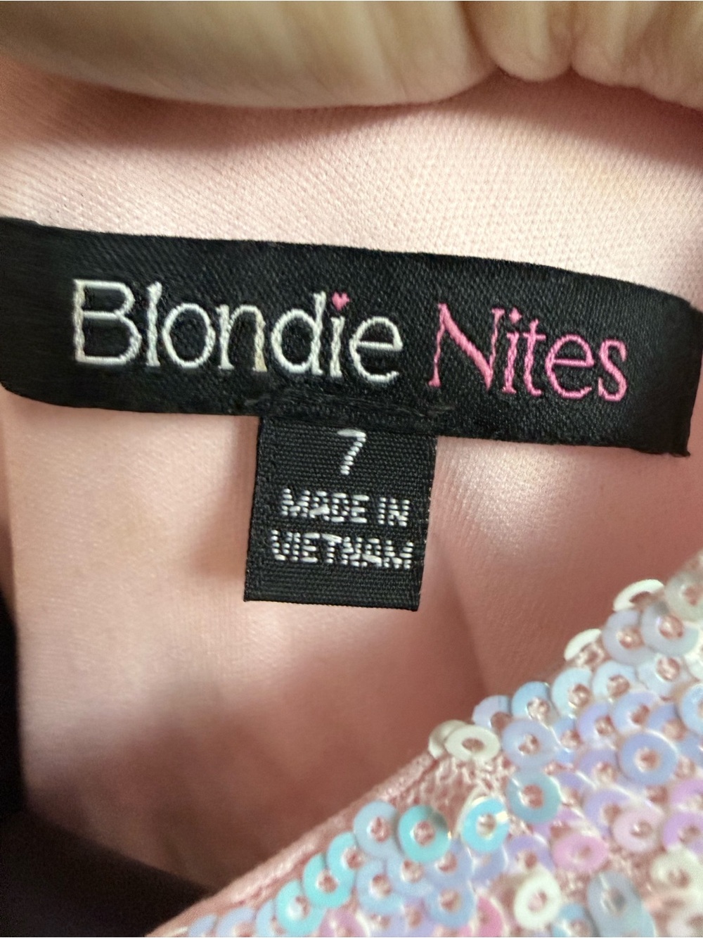 Blondie Nites Iridescent Pink Sequin Mini Dress sz 7 sheer feather cuff sleeves - Picture 2 of 16